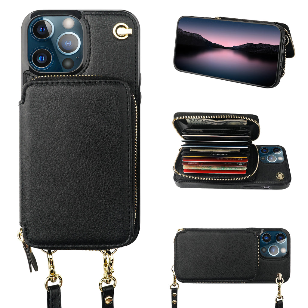 for iPhone 13 Pro Max Wallet Case Crossbody Strap, Zipper Phone Case with  Card Holder Wrist Strap Purse Cover with Kickstand Compatible with iPhone  13