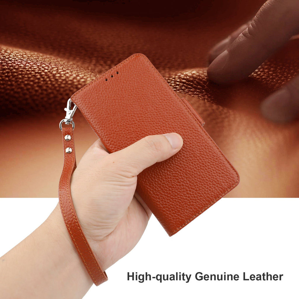 iPhone 14 Pro Max Luxury Leather Zipper Wallet Case with Wrist Strap and 7  Card Slots Brown