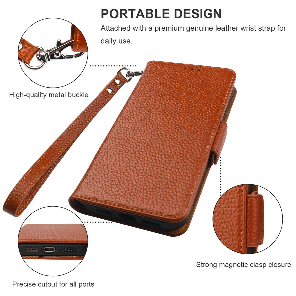 Leather Tri-Fold Wallet Case for iPhone 14 Pro - Premium Full Grain Leather