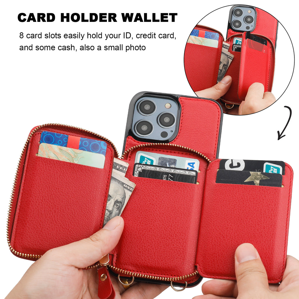 iPhone 12 Mini Crossbody Wallet Case for Women/Girl,Lanyard Card Holder  Zipper Phone Purse Case with Strap Pouch Magnetic iPhone 12 Mini Flip Folio  Protective Back Cover Small Crossbody Phone Bag Red 